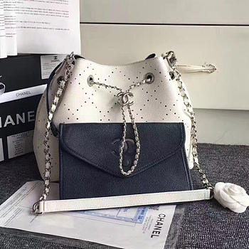 2017 Chanel Perforated Drawstring Bucket Bag White A93596 VS02239