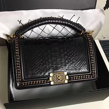 Chanel Snake Leather Boy Bag with Top Handle Black Gold A14041 VS02449