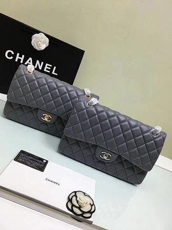 CHANEL 1112 Grey Large Size 30cm Lambskin Leather Flap Bag With Gold/Silver Hardware