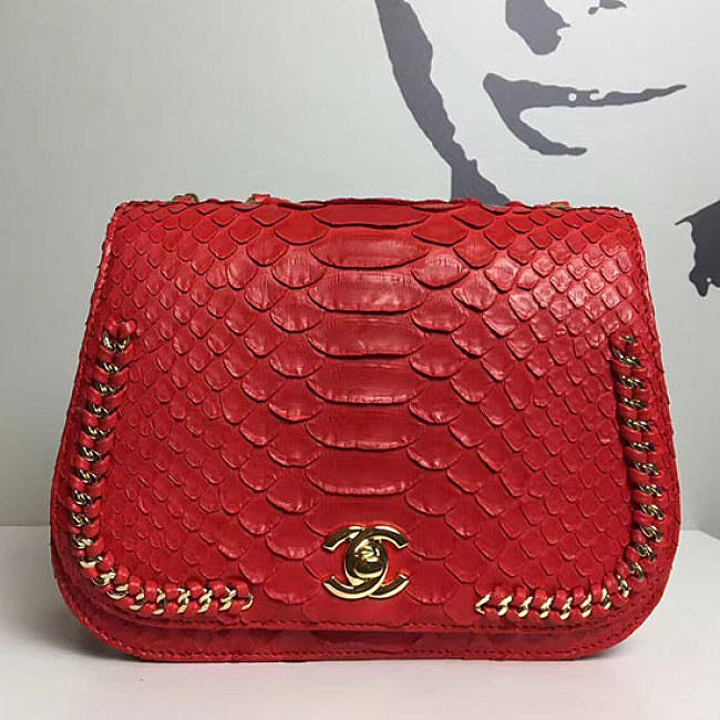 Hot Chanel Snake Leather Flap Shoulder Bag Red A98774 VS03855 - 1