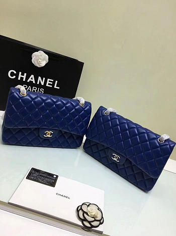 CHANEL 1112 Blue Large Size 30cm Lambskin Leather Flap Bag With Gold/Silver Hardware