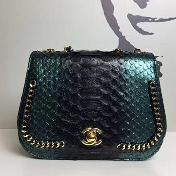 Chanel Snake Leather Flap Shoulder Bag Green A98774 VS00273