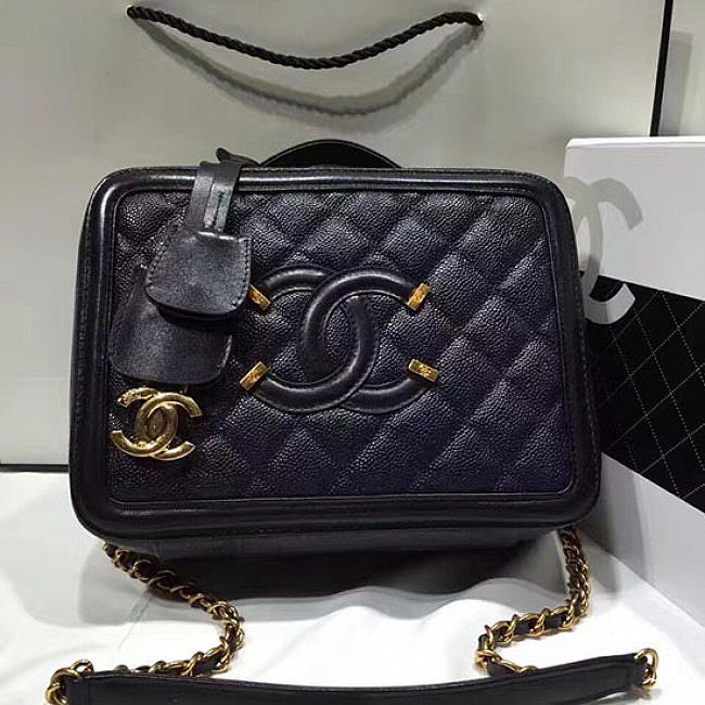 Chanel CC Filigree Vanity Case Bag Blue Grained Calfskin A93343 VS08734 - 1