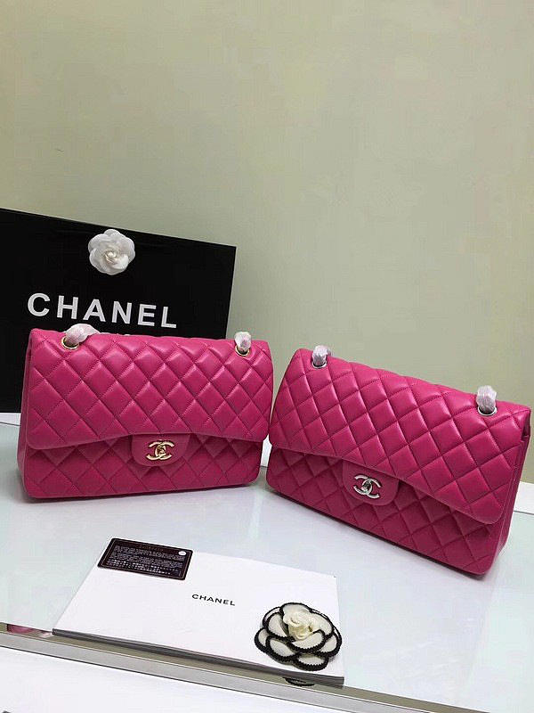 CHANEL 1112 Rose Red large Size 30 Lambskin Leather Flap Bag With Gold/Silver Hardware - 1