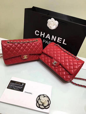 CHANEL 1112 Red Medium Size 2.55 Lambskin Leather Flap Bag With Gold/Silver Hardware