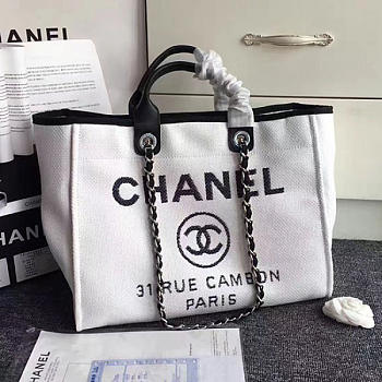 Chanel White Canvas Large Deauville Shopping Bag A68046 VS08728