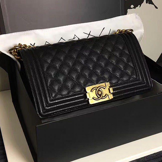 Luxury Chanel Medium Quilted Caviar Boy Bag Black Gold A13043 VS08406 - 1