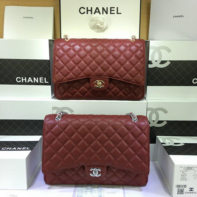 CHANEL 1112 Maroon Red Size 33cm Caviar Leather Flap Bag With Gold / Silver Hardware - 1