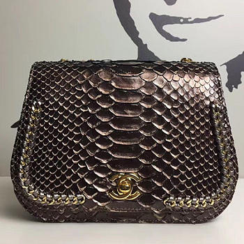 Chanel Snake Leather Flap Shoulder Bag Gold A98774 VS00548