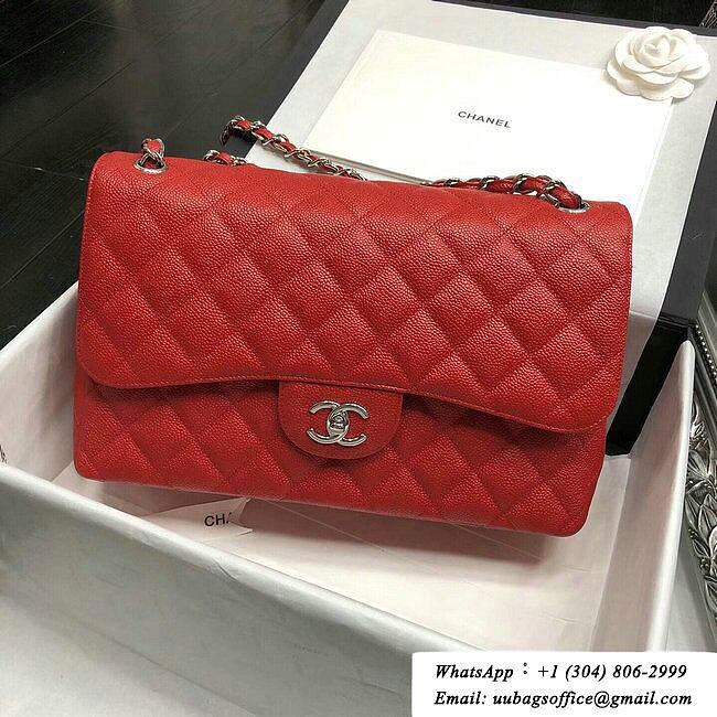 CHANEL Red Jumbo Calfskin Leather Double Flap Bag With silver/gold Hardware - 1