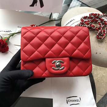 Chanel 17CM Mini Flap Red Bag Lambskin Leather With Gold&Silver Hardware