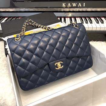 CHANEL 1112 Navy Blue Large Size 30cm Lambskin Leather Flap Bag With Gold Hardware