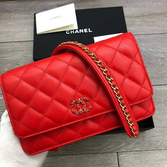 Chanel 19 Denim Wallet on Chain in Red AP0957 - 1