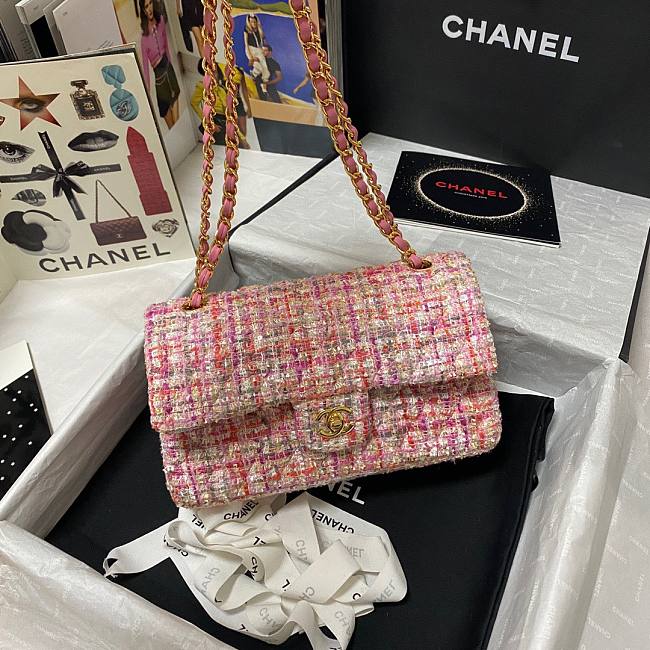 Chanel 25cm Tweed & Gold-Tone Metal Pink Double Flap Bag - 1