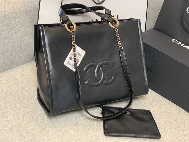 Chanel tote shopping bag black leather small size  - 1