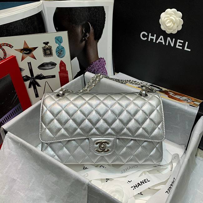 Chanel Silver Lambskin Medium Classic Double Flap Bag - 1