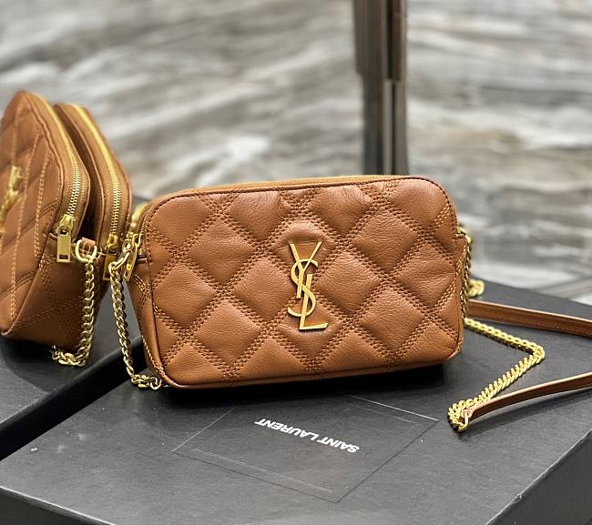 YSL Becky Quilted Double Zip Brown Pouch Bag - 1