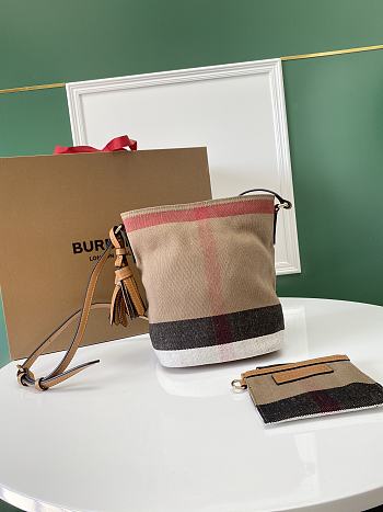 BURBERRY Canvas Check Mini Ashby Tassel Crossbody Saddle Brown - 17 x 15.5 x 24.5cm