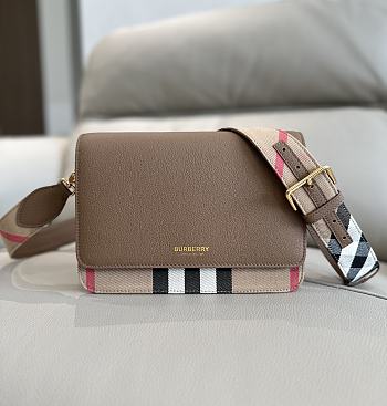 	 Burberry Mackford Check Canvas & Leather Shoulder Brown Bag - 24x17x9cm
