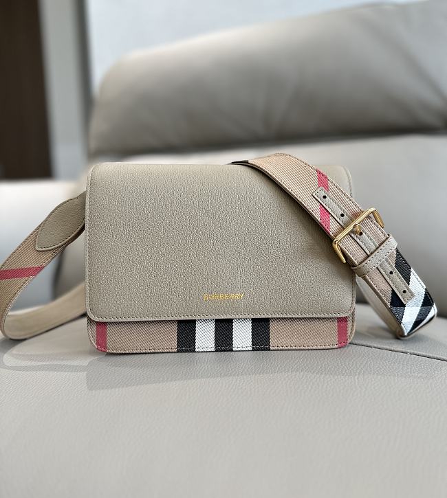 	 Burberry Mackford Check Canvas & Leather Shoulder Off White Bag - 24x17x9cm - 1